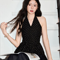 批发已出货 黑色波点挂脖<b class='q'>无袖</b><b class='q'>吊带</b><b class='q'>背心</b>女夏季甜辣chic韩