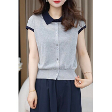 批发已出货  简约拼接撞色翻领短袖冰丝针织衬衫女夏季爆款宽松半开领