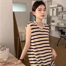 批发已出货 法式慵懒风针织背心连衣裙女夏宽松显瘦气质长款条纹裙子