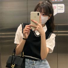 批发已出货 短款针织衫<b class='q'>衬衫</b>女夏季新款假两件polo领正肩上衣oversize