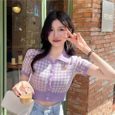 批发已出货 单排扣短款格子POLO领开衫上衣女2026夏短袖针织T恤显瘦潮