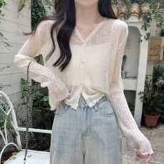 批发已出货 防晒衣开衫女薄款<b class='q'>宽松</b>木耳边外搭吊带裙披肩短款针织冰丝