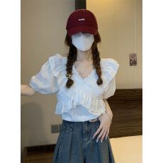 批发已出货 <b class='q'>衬衫</b>女夏小个子<b class='q'>韩版</b>甜美荷叶边交叉V领雪纺衫设计系带短款