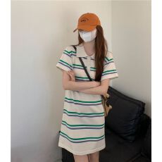 已出货 夏2026新款韩系polo领宽松条纹针织裙撞色短袖连衣裙女
