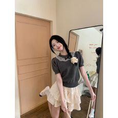 批发已出货 韩系设计感蕾丝拼接蝴蝶结上衣女泡泡袖<b class='q'>针织衫</b>甜美打底