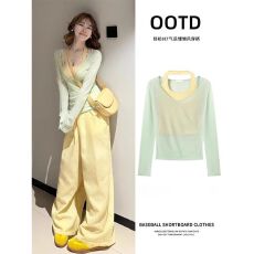 批发已出货 荷绿色夏轻薄罩衫薄纱上衣女防晒多巴胺吊带两件<b class='q'>套装</b>