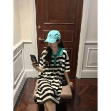 批发条纹镂空针织连衣裙女宽松显瘦夏季<b class='q'>中长款</b>休闲polo领短袖<b class='q'>t</b><b class='q'>恤</b>裙子