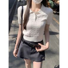 批发已出货 老钱风polo领麻花纹针织<b class='q'>短袖</b><b class='q'>女</b>春夏季正肩打底短款T恤上衣