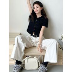 批发已出货 polo领针织<b class='q'>短袖</b>黑色t恤<b class='q'>女</b>夏正肩翻领修身短款甜辣小上衣