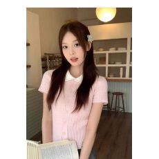 批发已出货 娃娃领粉色<b class='q'>短袖</b>针织衫<b class='q'>女</b>夏季薄款甜辣修身显瘦短款上衣潮