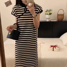 批发已出货 撞色条纹无袖<b class='q'>连衣裙</b>夏季新款旗袍领洋气显瘦开叉针织裙女