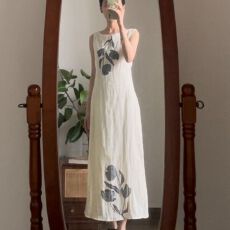 批发新中式国风气质无袖背心印花连衣裙子女装今年新款夏季小个子长裙