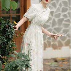 批发新中式改良旗袍连衣裙女夏季今年新款气质温柔风泡泡袖收腰长裙子