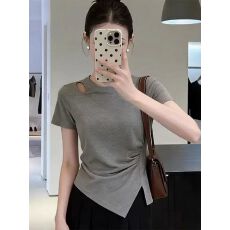 批发设计感镂空短袖t恤女新款圆领收腰遮肉<b class='q'>打底衫</b>夏季不规则<b class='q'>韩版</b>上衣