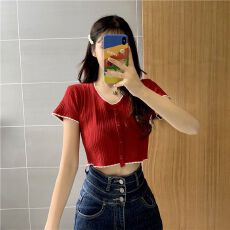 已出货夏新款v领高腰短款高端上衣女小香风冰丝针织短袖女