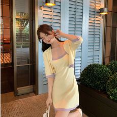 批发已出货 小香风套装女夏季撞色吊带<b class='q'>连衣裙</b>外搭针织开衫短袖上衣
