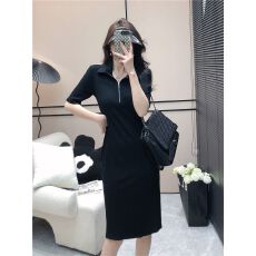 批发已出货 韩版条纹连衣裙女夏季2026年新款拉链短袖港风针织中长裙