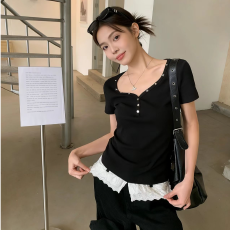 辣妹铆钉V领正肩短袖T恤女夏季修身上衣新款