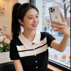 批发2026年夏季新款百搭洋气时尚Polo领拼色<b class='q'>针织</b>短袖<b class='q'>开衫</b>