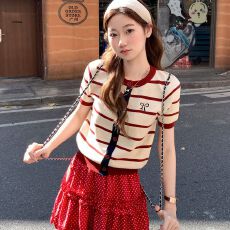 批发韩版撞色条纹蝴蝶结短袖<b class='q'>针织</b><b class='q'>开衫</b>女2026夏季新款修身显瘦气质上衣