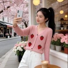 批发2026年韩版春夏花朵<b class='q'>开衫</b>毛衣<b class='q'>短款</b>粗棒针复古<b class='q'>针织</b>衫