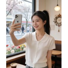 批发2026年夏季新款百搭洋气时尚甜美减龄娃娃领纯色百搭<b class='q'>针织</b>短袖<b class='q'>开衫</b>