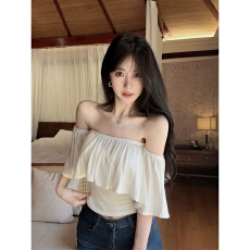 批发<b class='q'>一字肩</b>荷叶边超仙短袖t恤夏季