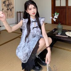 批发新中式改良小飞袖水墨画连衣裙夏季<b class='q'>女装</b>国风复古收腰显瘦别致短裙