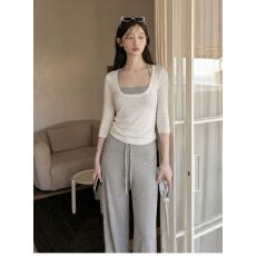 批发已出货白色u领修身七分袖T恤女2026春季挂脖吊带<b class='q'>中袖</b>两件套