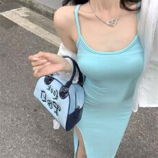 批发已出货纯欲风吊带连衣裙新款蓝色显瘦开叉裙子辣妹无袖<b class='q'>包臀</b>中<b class='q'>长裙</b>