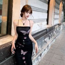 批发已出货纯欲蝴蝶印花吊带连衣裙女修身显瘦气质甜辣妹<b class='q'>长裙</b>子夏季