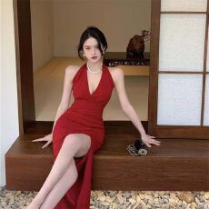 批发已出货复古无袖性感露背开叉挂脖吊带连衣裙海边度假沙滩<b class='q'>长裙</b>