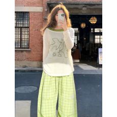 批发已出货韩系小鸟印花<b class='q'>T</b><b class='q'>恤</b>防晒衫叠穿吊带格纹<b class='q'>裤</b>两件套<b class='q'>装</b>