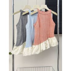 批发已出货撞色格纹挂脖露肩背心女荷叶边<b class='q'>收腰</b>显瘦上衣潮