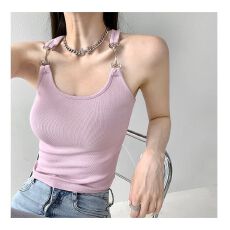 已出货粉色短款上衣无袖金属挂钩肩带背心吊带潮