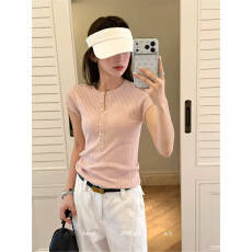 韩系夏季新品2026圆领简约气质半开扣短袖针织衫修身上衣