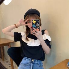 学生荷叶边露肩短袖小衫衬衣上衣服新款法式黑色拼接感雪纺衫女夏