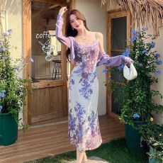 批发新中式国风紫色<b class='q'>提花</b>吊带<b class='q'>连衣裙</b>女秋季新款收腰显瘦气质开衫两件套