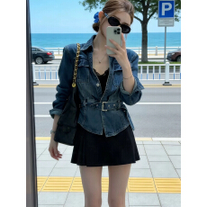 批发港风复古时髦酷翻领牛仔外套女春季小众系带收腰显瘦夹克上衣