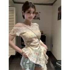 批发甜美碎花荷叶边<b class='q'>不规则</b>气质女夏斜肩短袖上衣潮