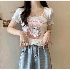 批发猫咪印花短袖t恤女夏<b class='q'>不规则</b>修身露脐上衣