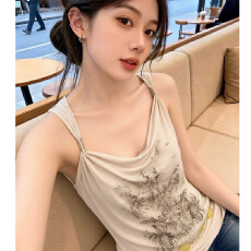 夏季独特甜辣妹小个子宽松印花吊带背心女设计感外穿