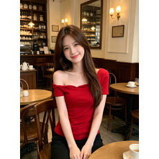 设计感红色斜肩显瘦百搭短袖T恤女夏季修身露肩