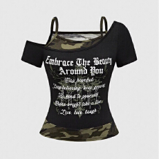 批发迷彩印花假两件斜领露肩短袖T恤