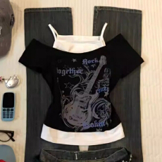 批发辣妹古着风小众吉他印花拼接撞色