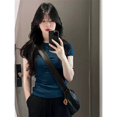 批发纯色正肩修身t恤女夏季显瘦孔雀蓝
