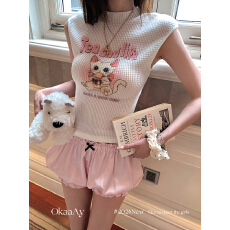 批发调皮小野猫印花夏修身设计感无袖上衣女气