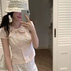 批发已出货 棉料温柔风甜美纯棉白色蝴蝶结短袖<b class='q'>衬衫</b>女夏季小个子短款