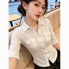 批发已出货 老钱风Polo领白色<b class='q'>衬衫</b>女夏季新款高级感中袖<b class='q'>上衣</b>修身显瘦