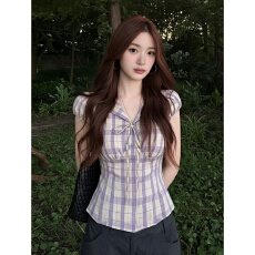 批发已出货 韩系格纹V领系带短袖<b class='q'>衬衫</b>女设计感收腰显瘦紫色小衫上衣